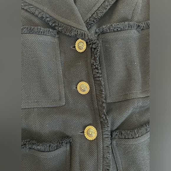 St. John Milano Pique Knit Wool Blend Pocket Fringe Topper Coat Size 8 Caviar - Picture 4 of 5